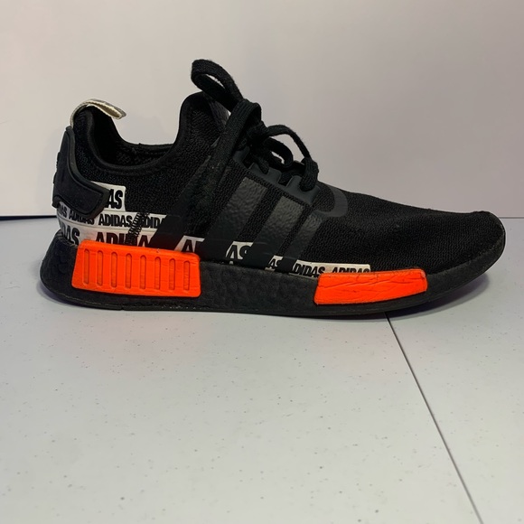adidas NMD R1  “WordMark Heel Stripe - Black Solar Red” Size 10 US - Picture 4 of 5
